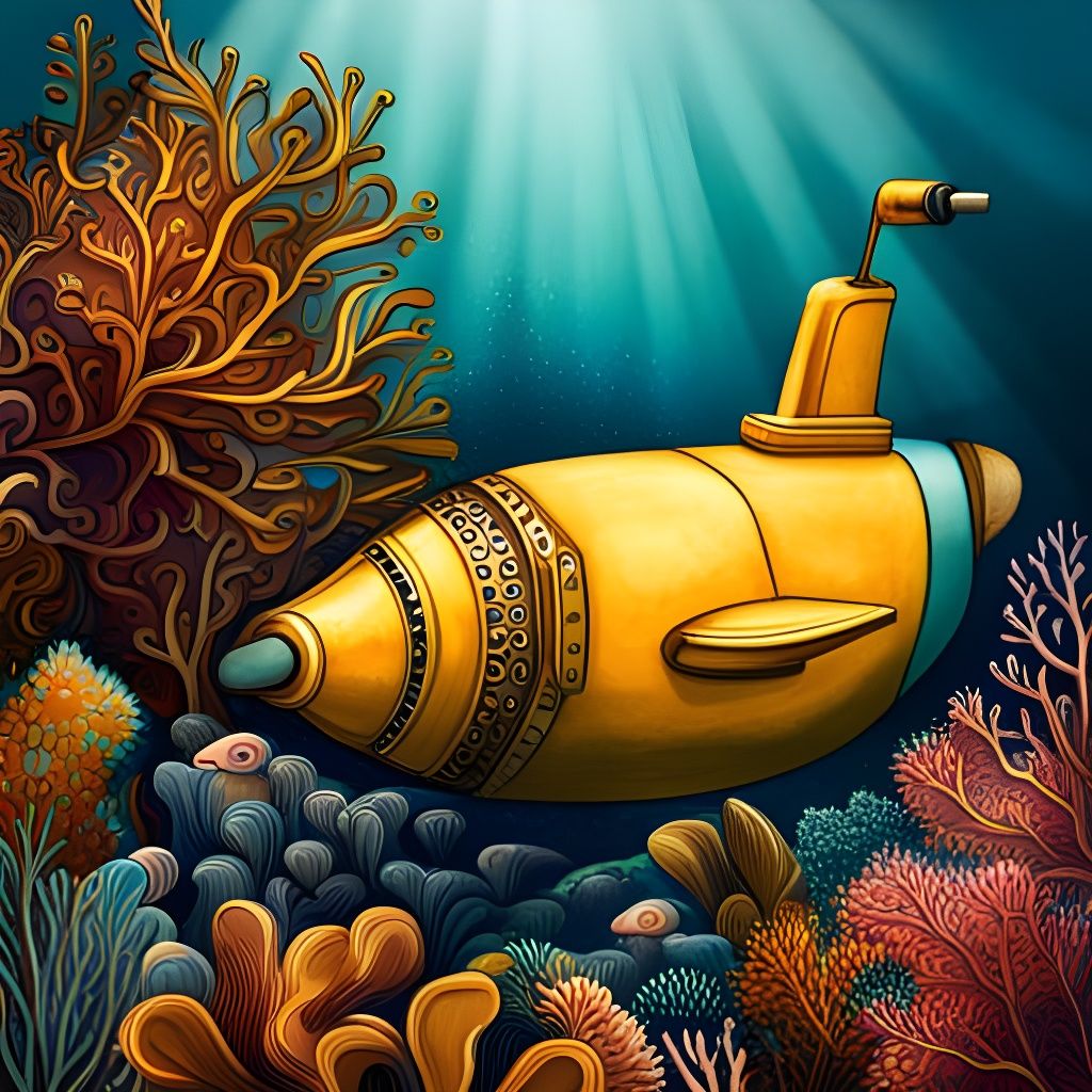 Retro Yellow Submarine in Coral Ocean