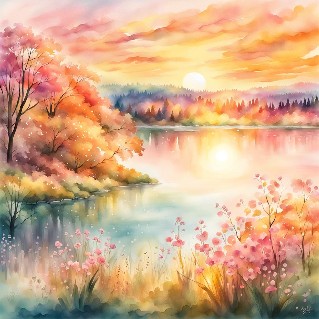 Spring Landscape Digital Watercolor Illustration
