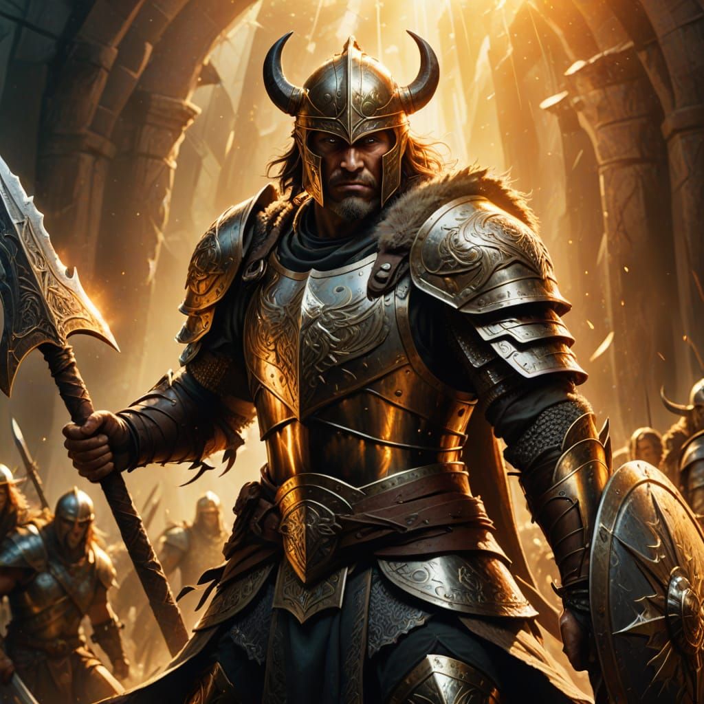 Savage Fantasy Warrior in Heavenly Beams of Light