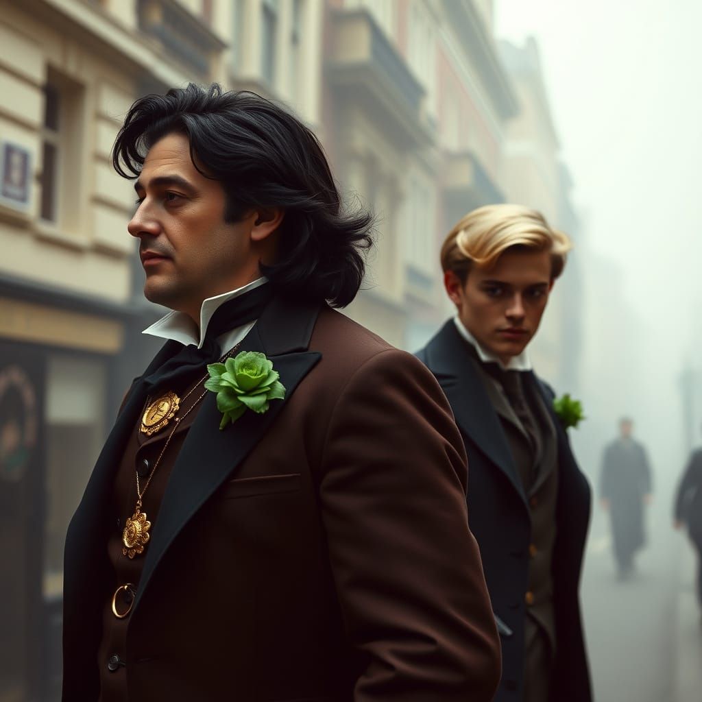 Elegant Men Walking in Misty London Street