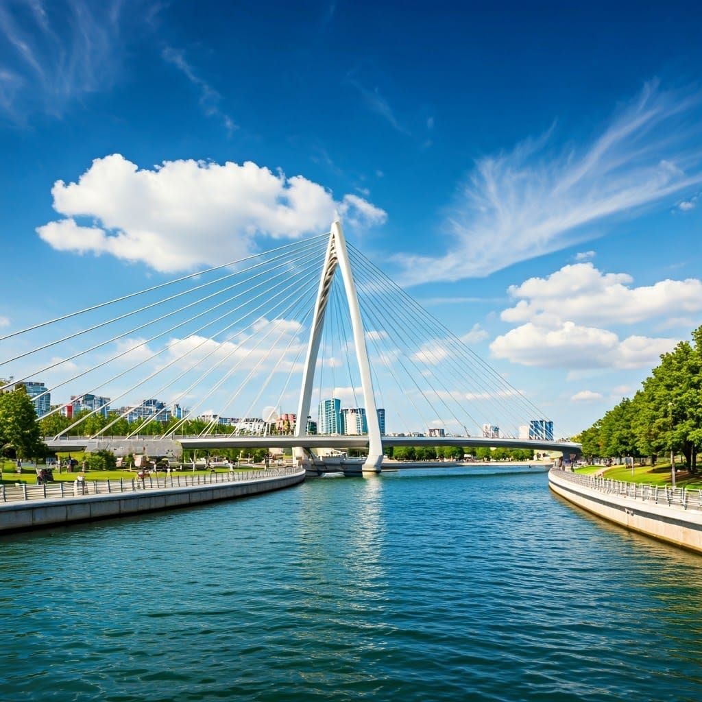Majestic Cityscape: Curved Bridge Over Serene River