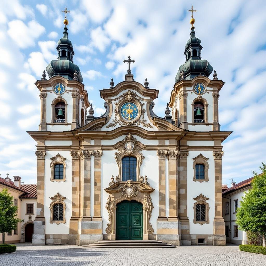 Baroque Church Facade with Spires and Ornate Door