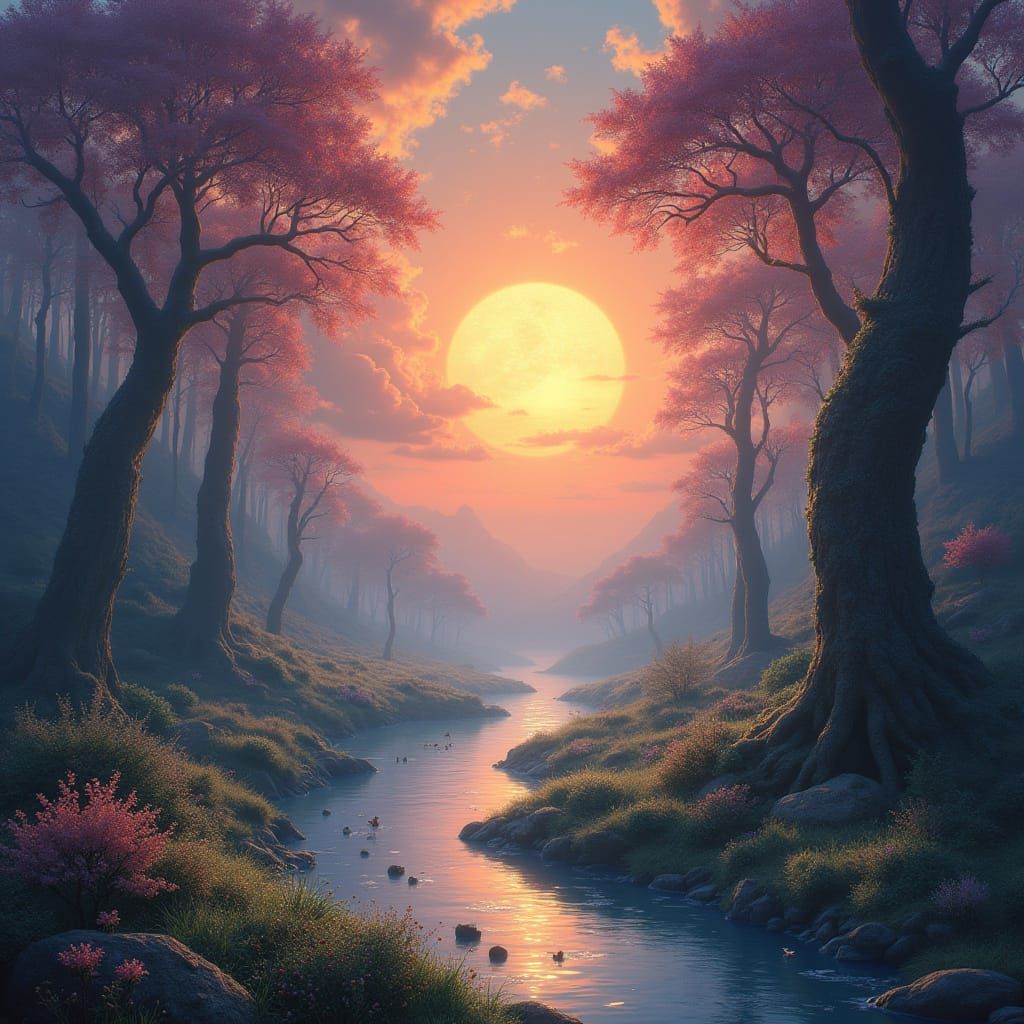 Fantasy Sunrise with Morning Frost and Mystical Creatures