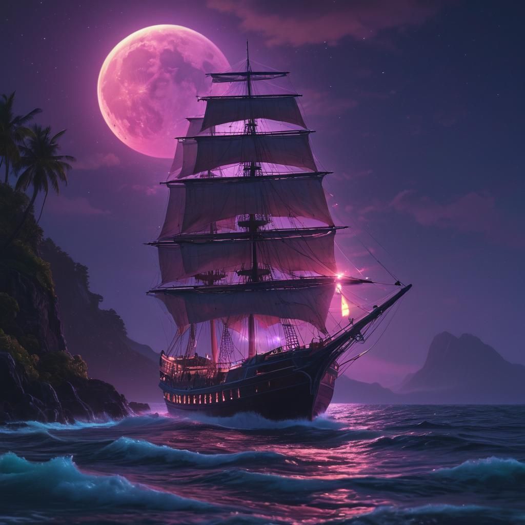 Synthwave Ship Sailing to the Luminous Moon
