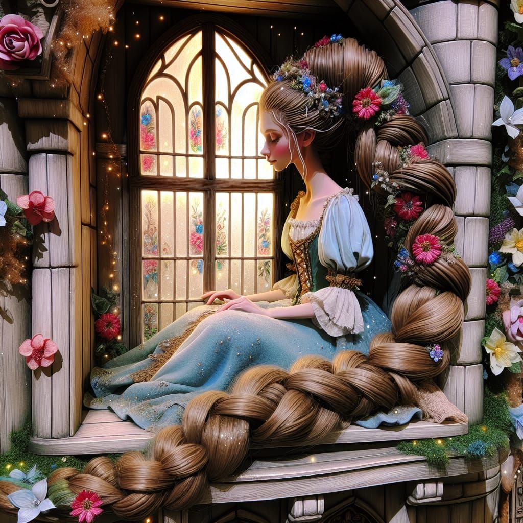Rapunzel in Tower with Long Braid and Flowers