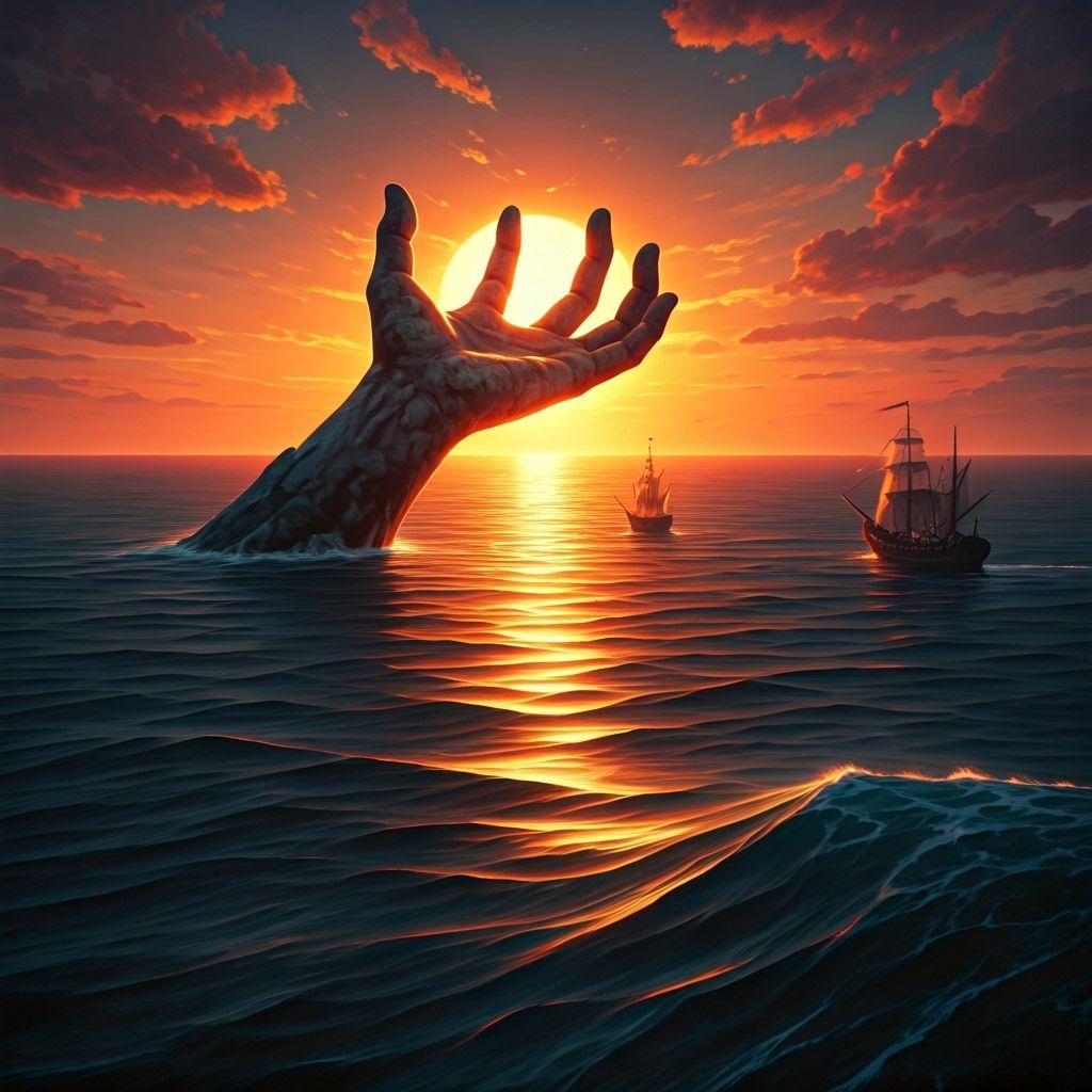 Divine Stone Hand Grasping Sun Over Ocean