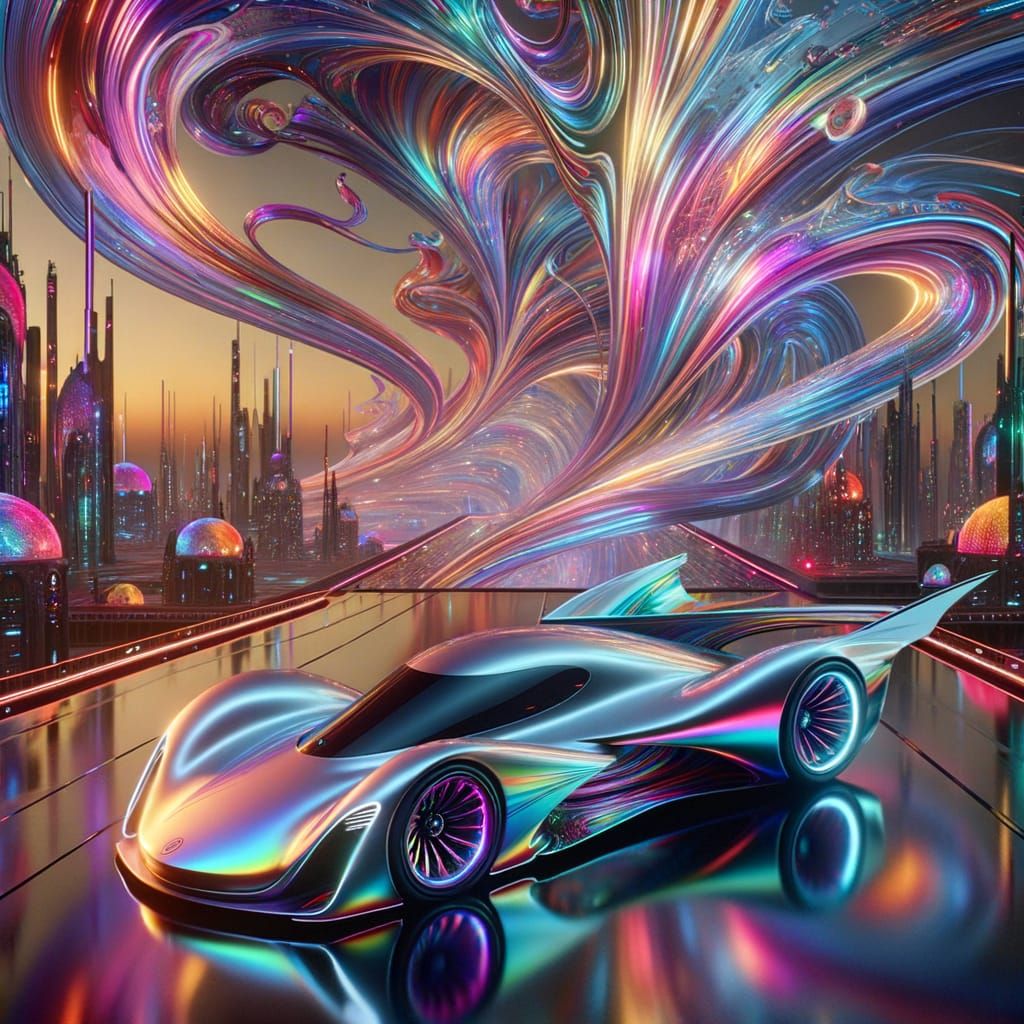 Futuristic Supercar Emitting Metal Swirls in Metropolis