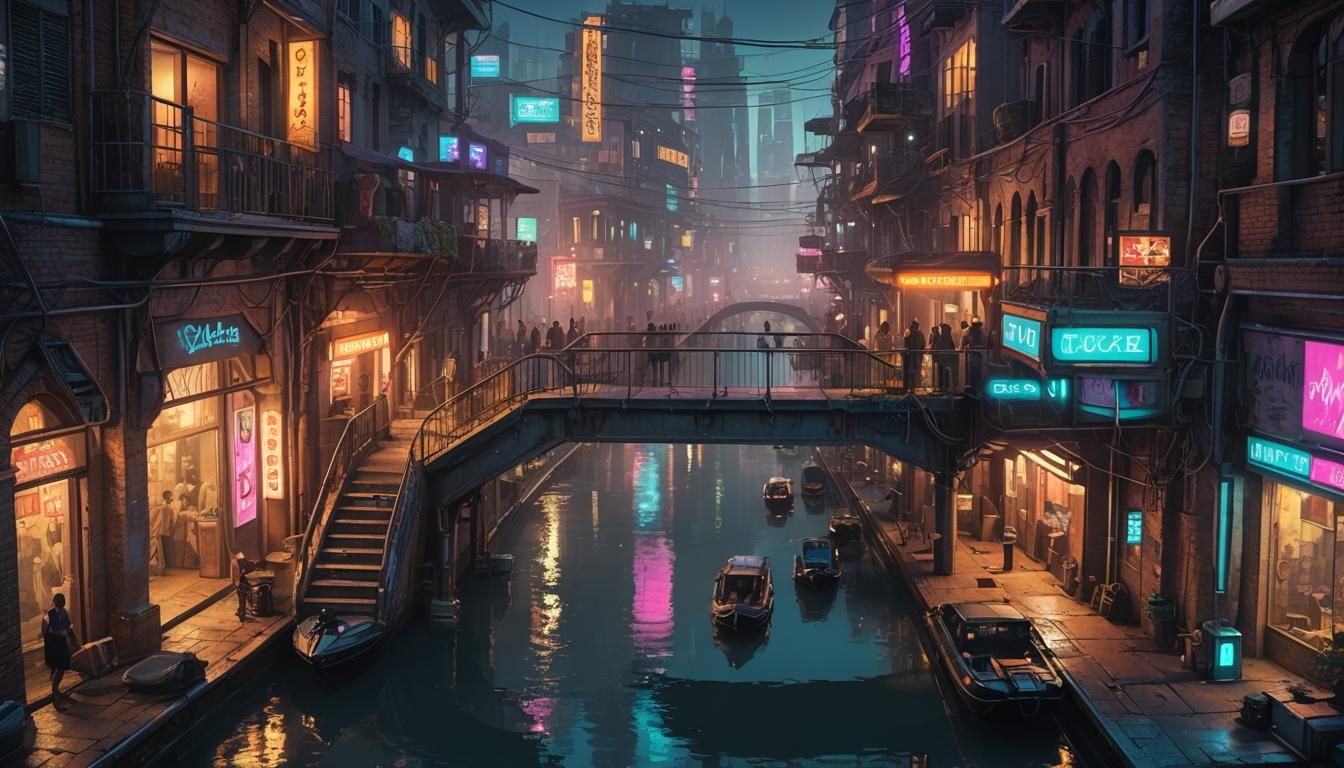 Futuristic Venice Canal at Night in Cyberpunk Style