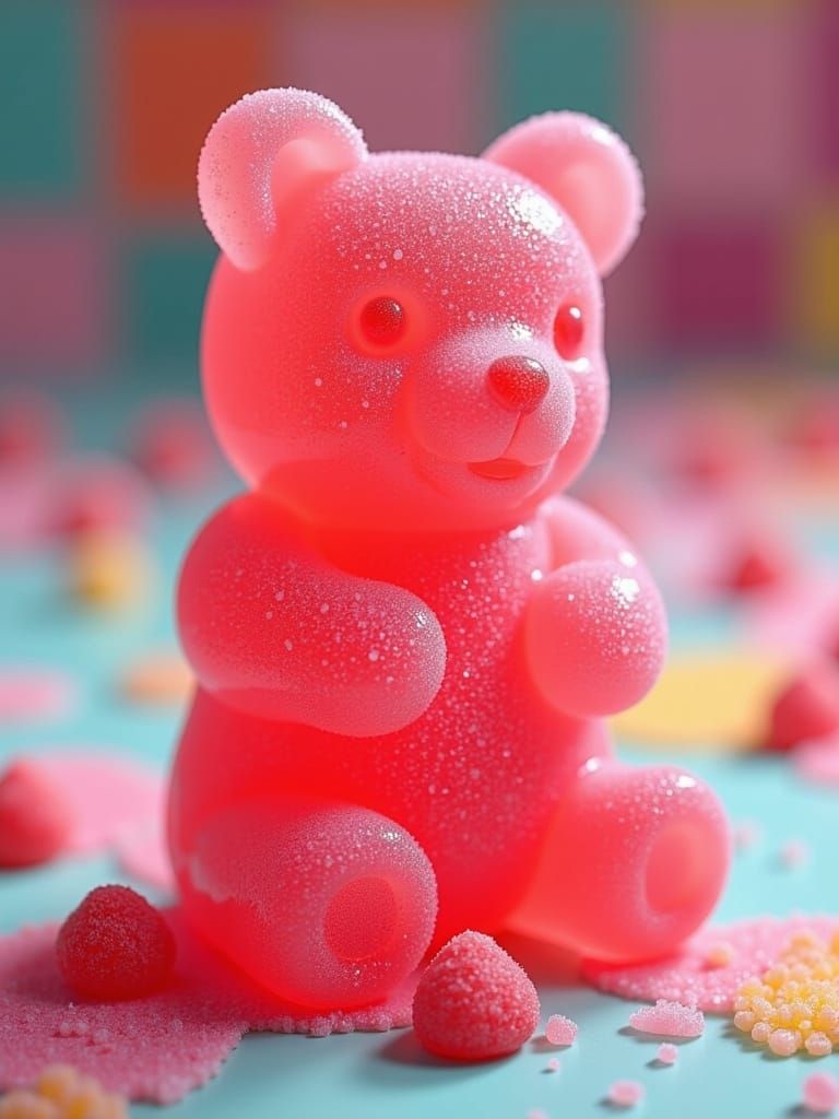 Happy Gummy Bear in a Vibrant Candy World