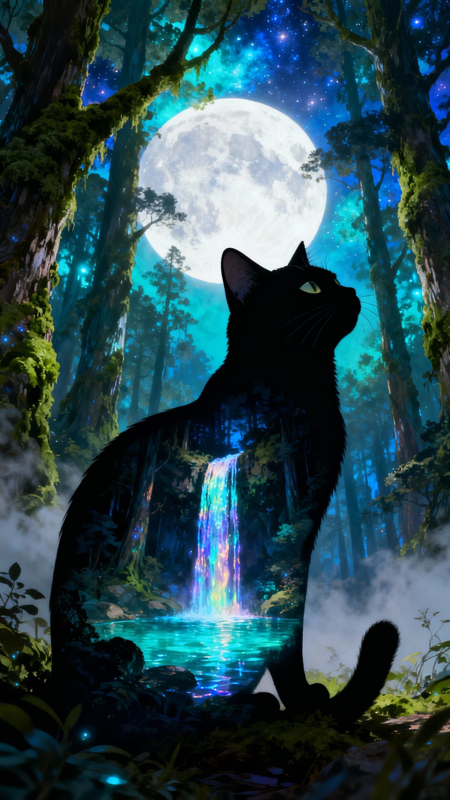 Black Cat Silhouette Merges with Mystical Forest Landscape