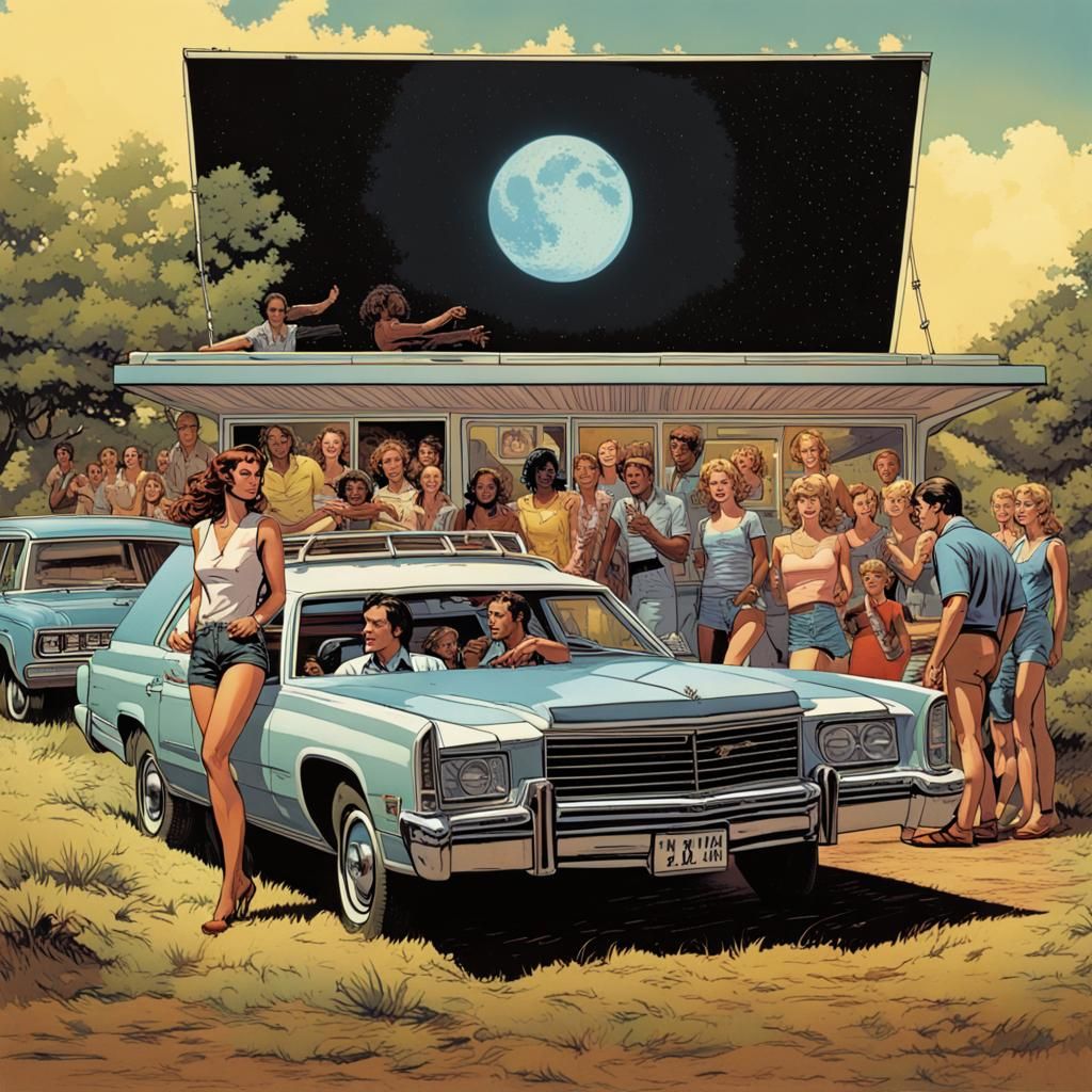 1970s Drive-In Movie in Comic Book Art Style