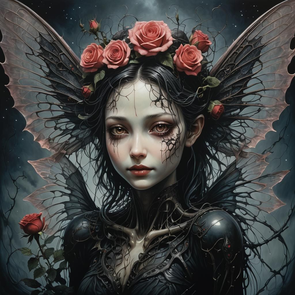 Rose Fairy in Dark Biomechanical Landscape