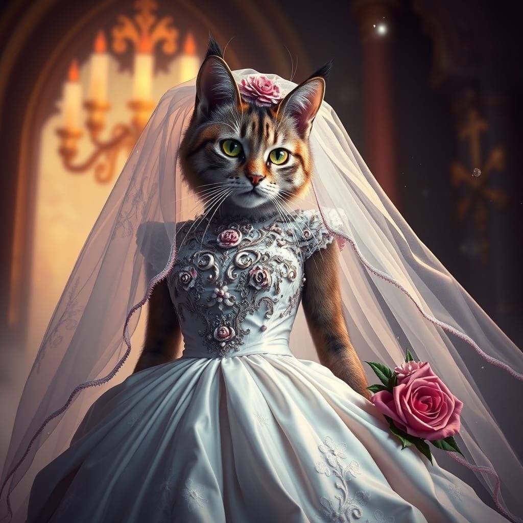 Whimsical Feline Bride in Lavish Attire
