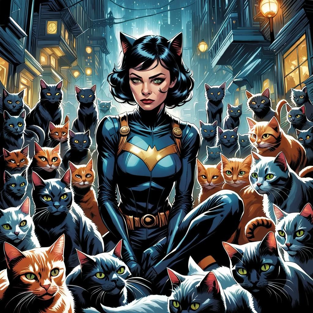 Catwoman Surrounded by Cats: Comic Book Art