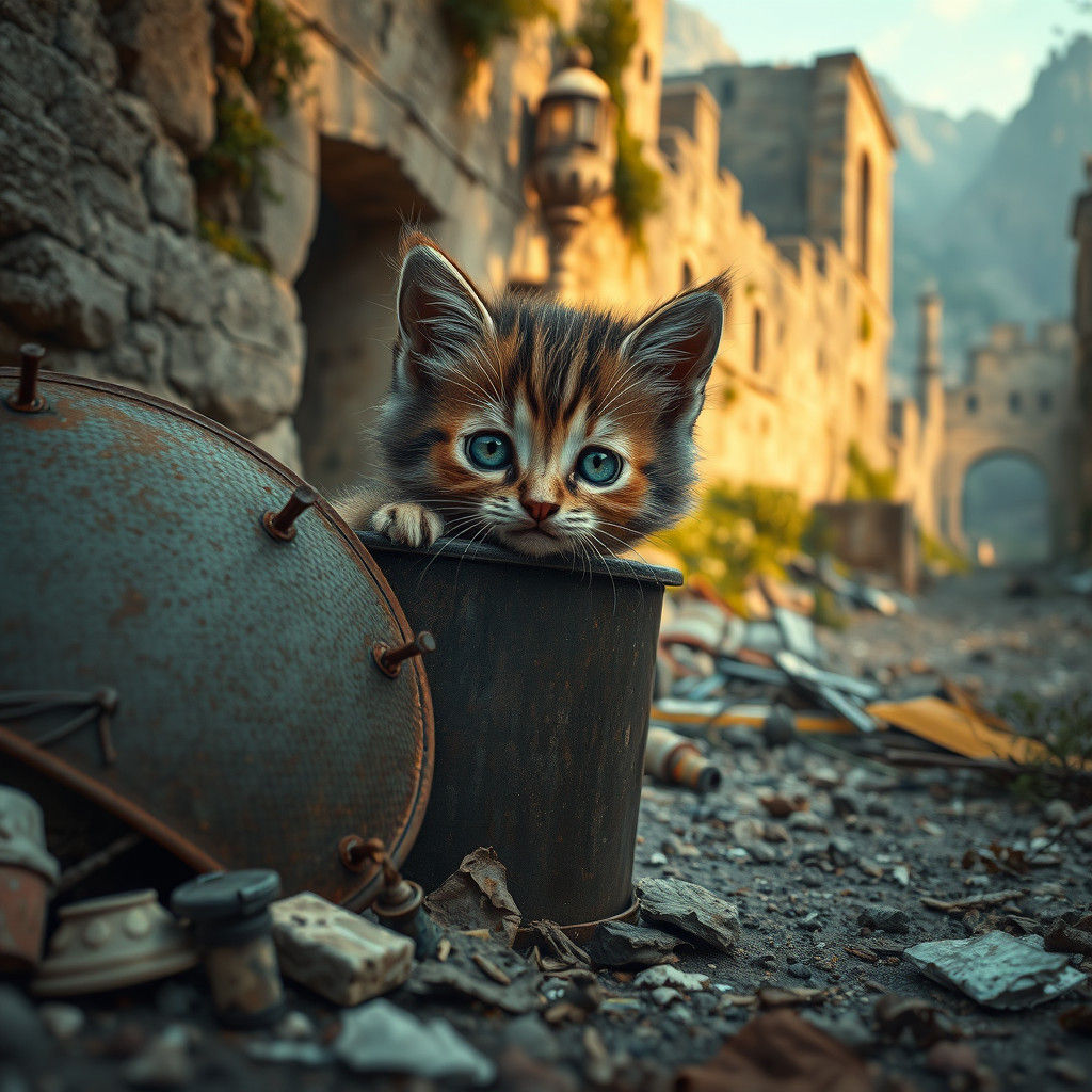 Kitten Hiding in Ancient City: Photorealistic Matte Painting
