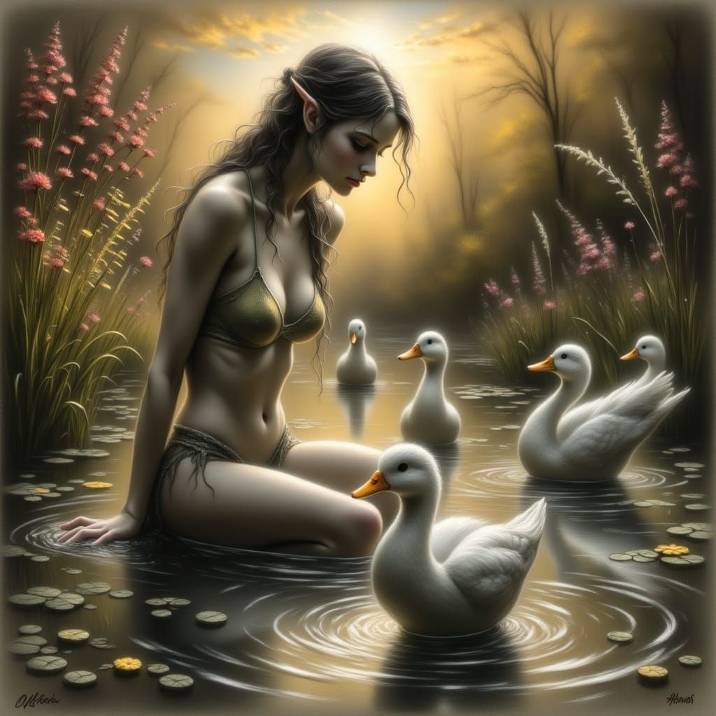 Elf Bathes in Pond at Sunset