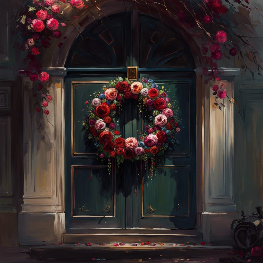 Rose Wreath on Door in Sinister Oil Painting Style