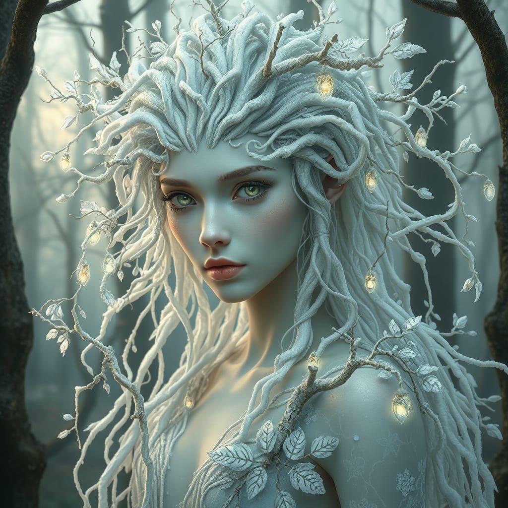 Mystical Forest Dweller with Frozen Vines and Glowing Crysta...