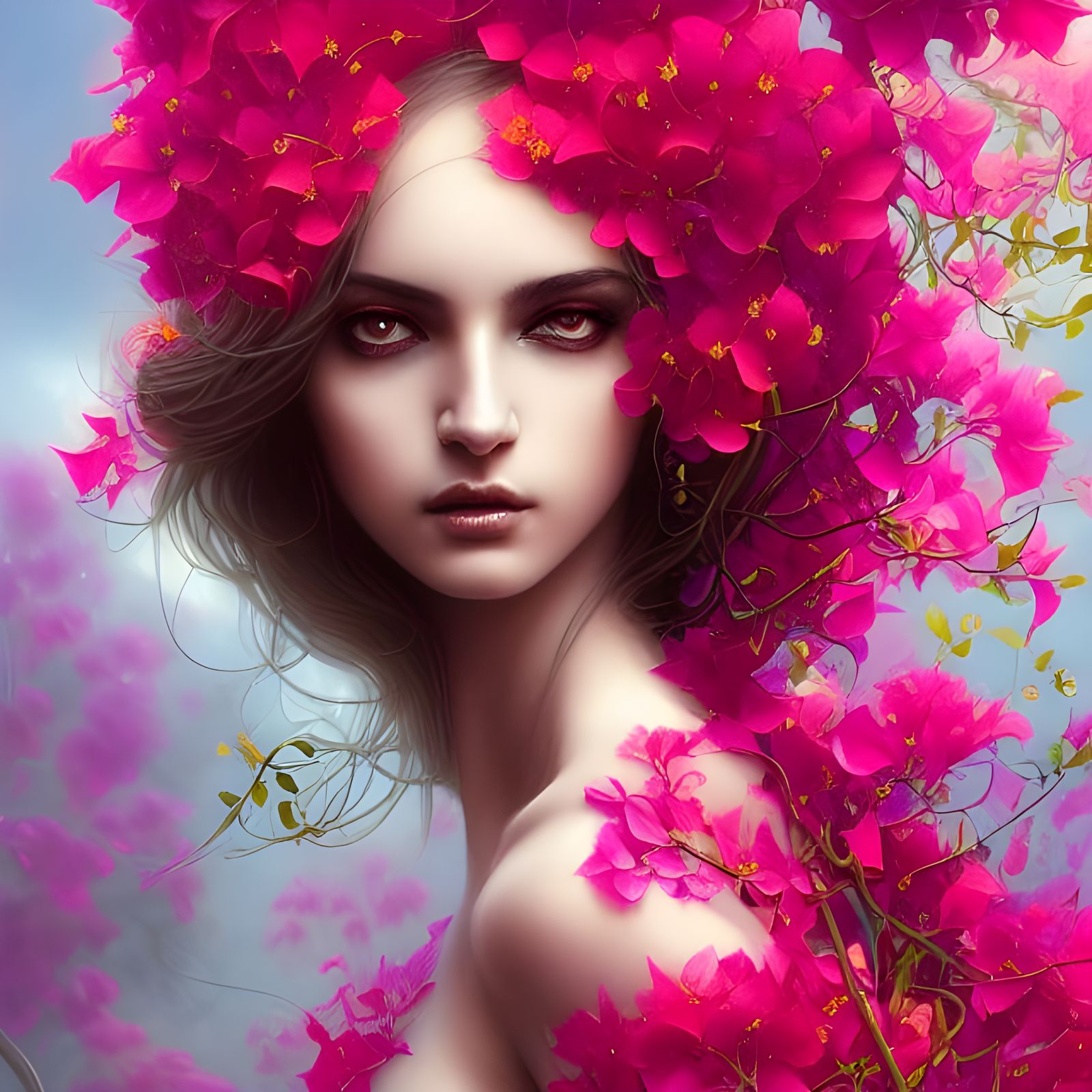 Electric Bougainvillea Sorceress: Intricate Digital Art