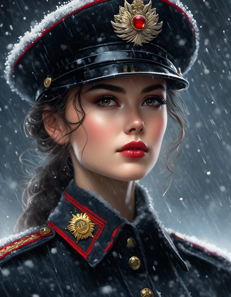 Beautiful Soviet Policewoman in Snowstorm, Luis Royo Style