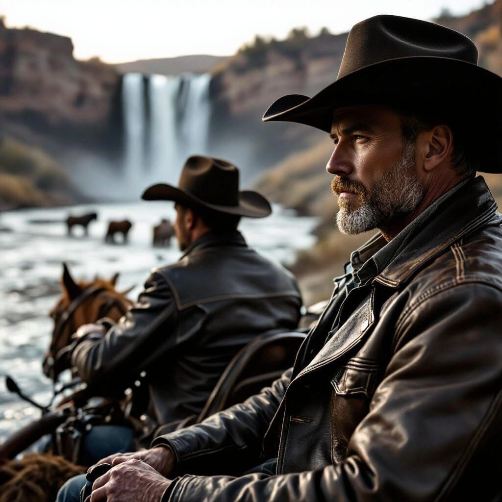 Cowboys Drive Cattle by River and Waterfall