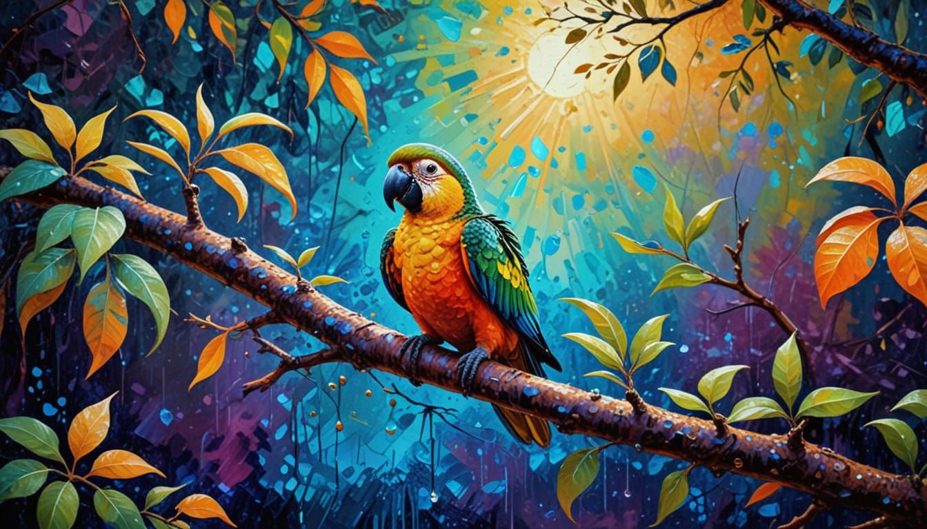 Surreal Parrot in Syrup Droplet: Expressionist Painting