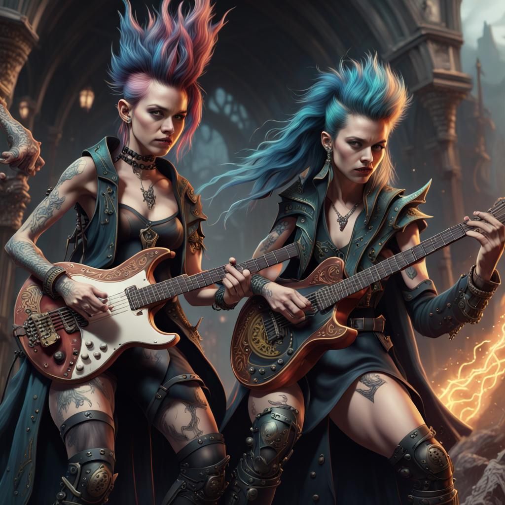 Punk Rock Wizards Play Guitar, Detailed Digital Painting