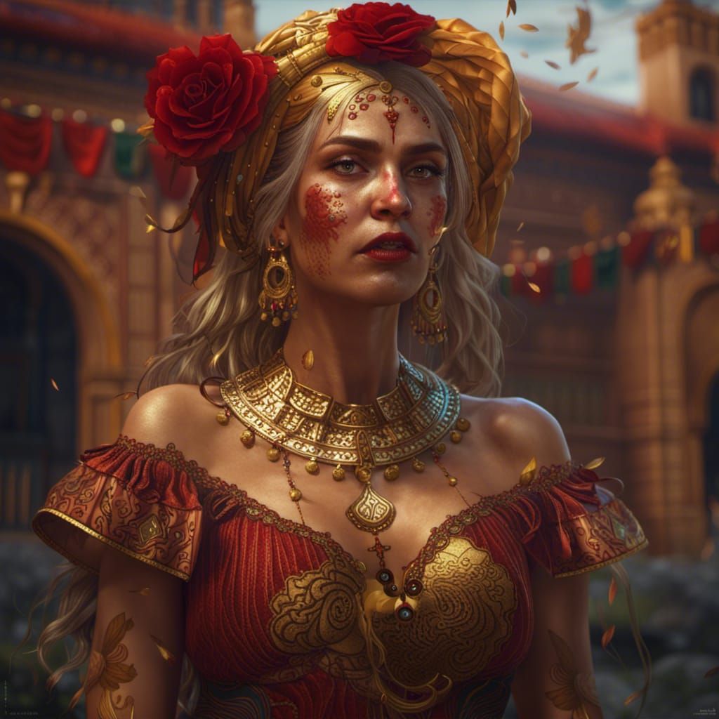 Crying Woman in Gold Mexican Dress