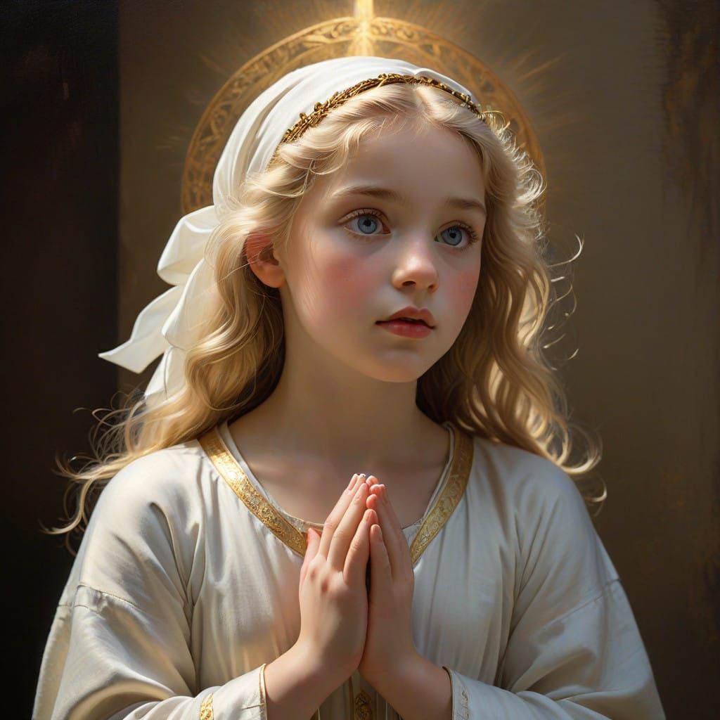 Serene Young Girl in Elegance, Gazing at Jesus in Golden Lig...