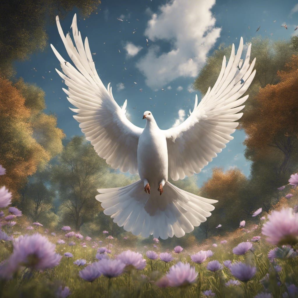 a digital masterpiece featuring a giant dove of peace soaring gracefully above a tranquil meadow, its wingspan symbolizi...