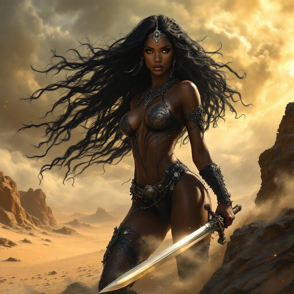 Ebony Goddess in Chainmail Armor, Desert Landscape