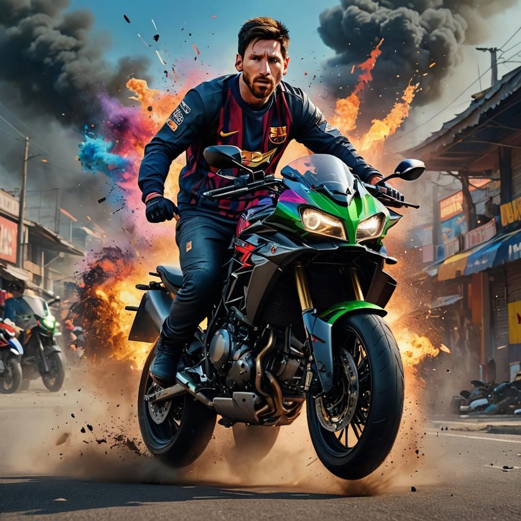 Messi with Kawasaki Ninja in Explosive Concept Art