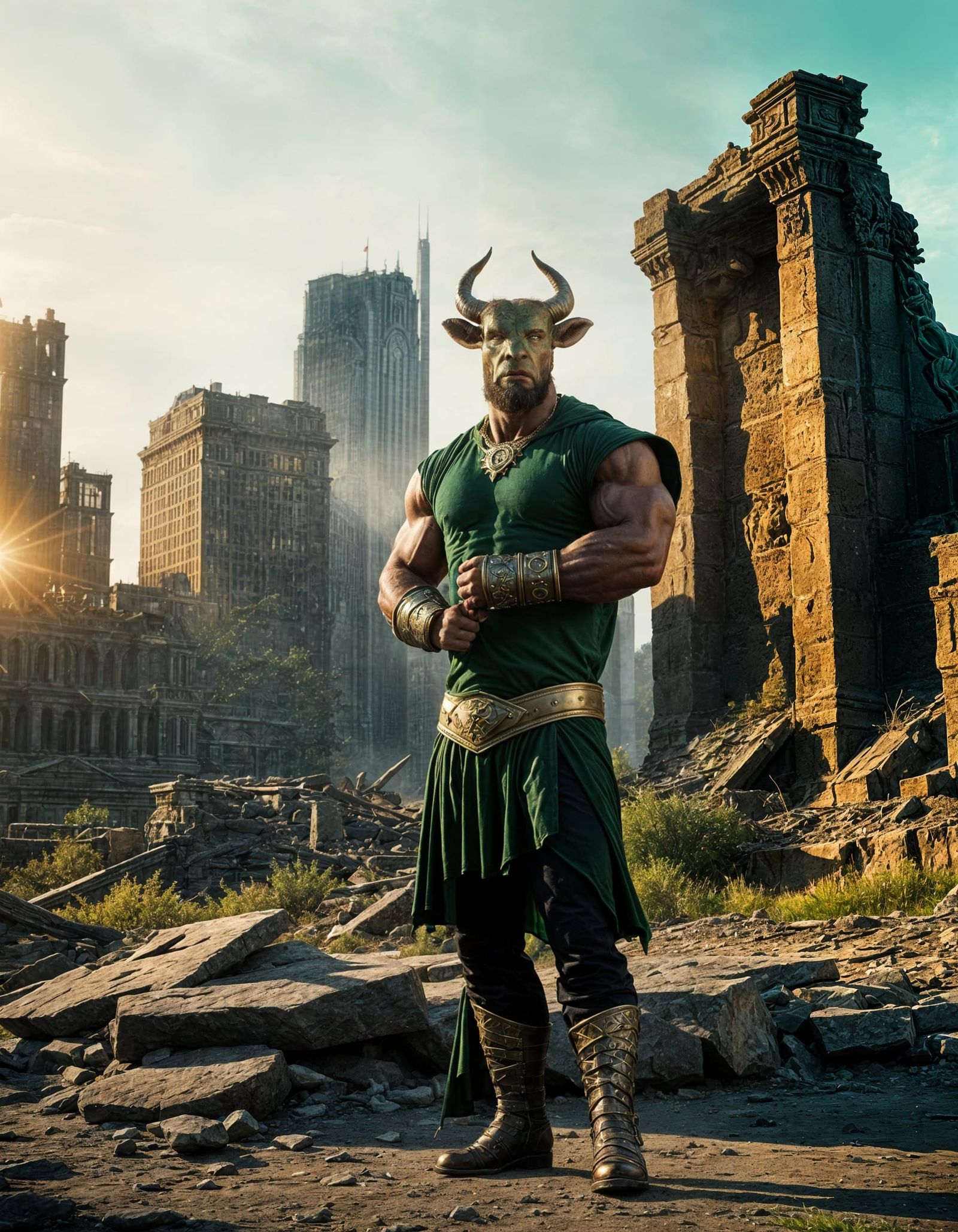 Minotaur Dominates Ruined Cityscape: Digital Matte Painting