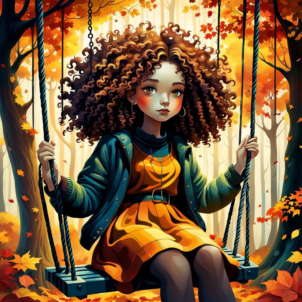 Girl on Autumn Swing: Fantasy Illustration