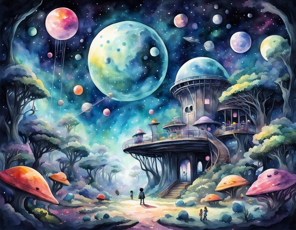 Cosmic Kidcore Playground in Watercolor Style
