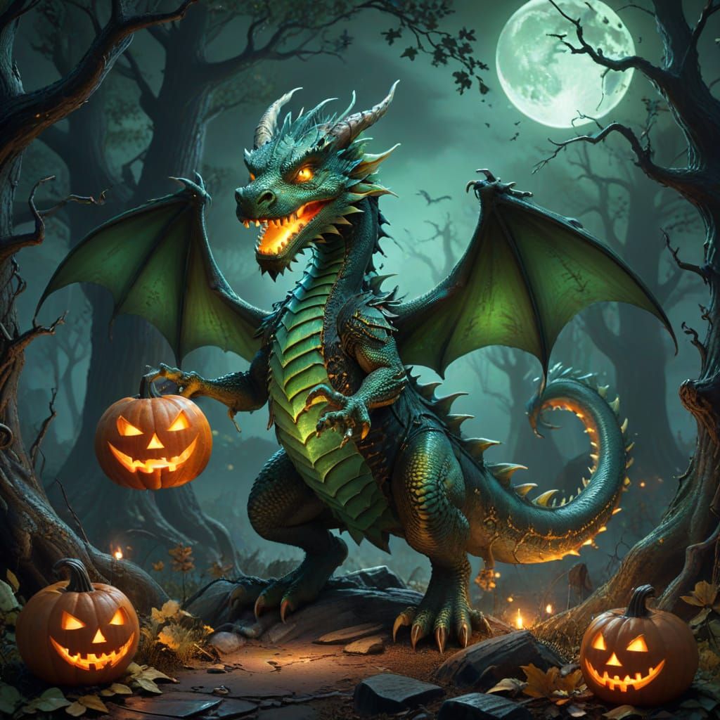 Friendly Dragon in Witch Costume Holds Jack-o'-Lantern in Ha...