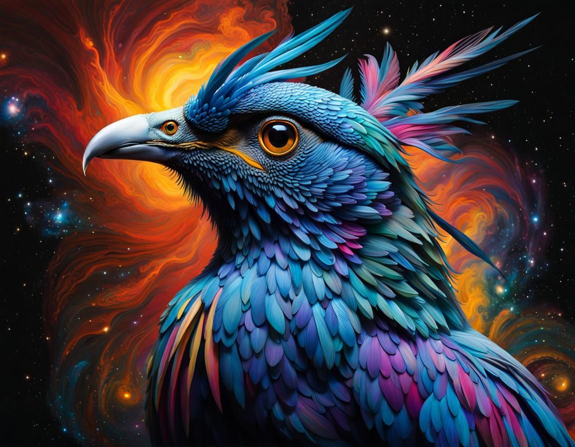 Psychedelic Cosmic Bird Portrait in Photorealistic Style