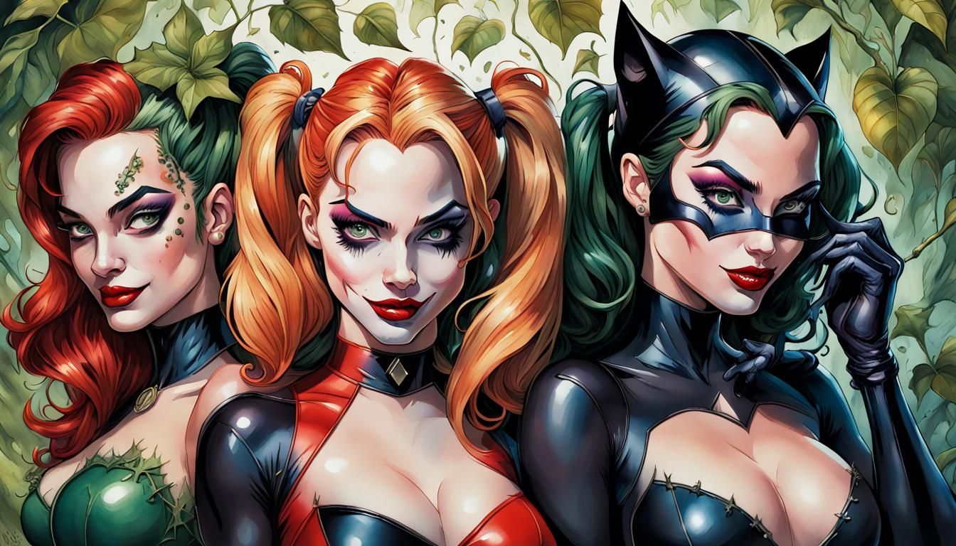 DC Comics Heroines in Gouache Watercolor Painting