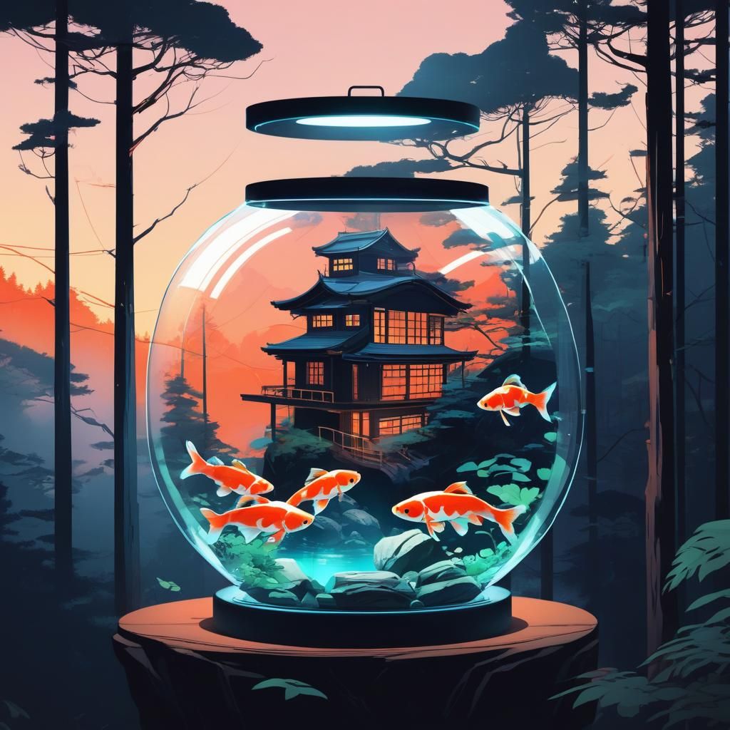 Electric Koi in Jar, Anime Vector Art