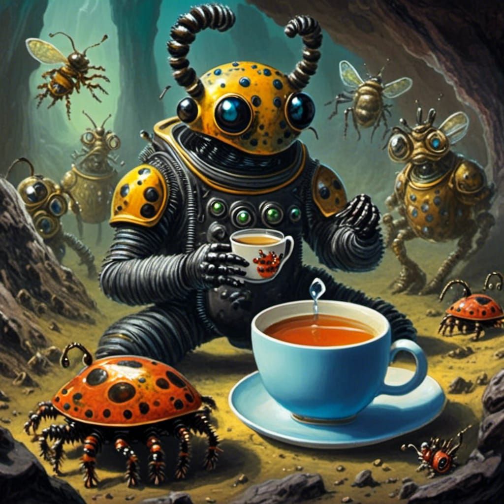Astronaut's Tea Party with Bug Aliens in Cave