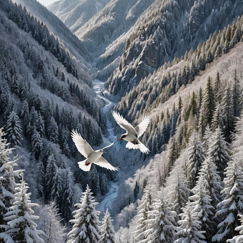 Majestic Mountain Range with Bird, Detailed Matte Painting