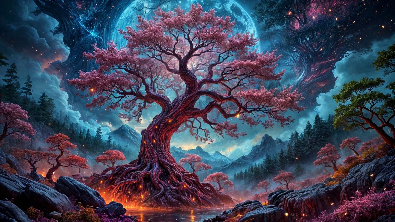 Ethereal Fantasy Tree in a Dreamlike Moonlit Forest
