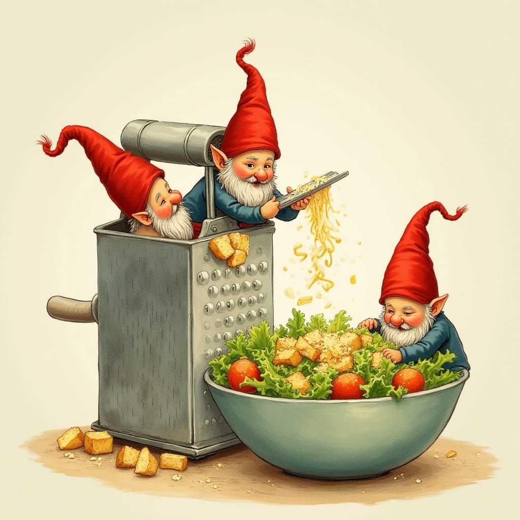 Gnomes Grate Parmesan into a Cozy Caesar Salad