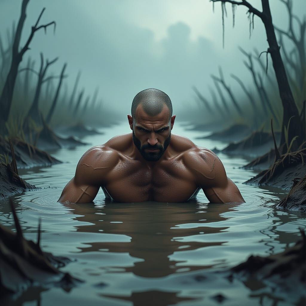 Muscular Man Sinks in Mud in Dark Fantasy Art Style