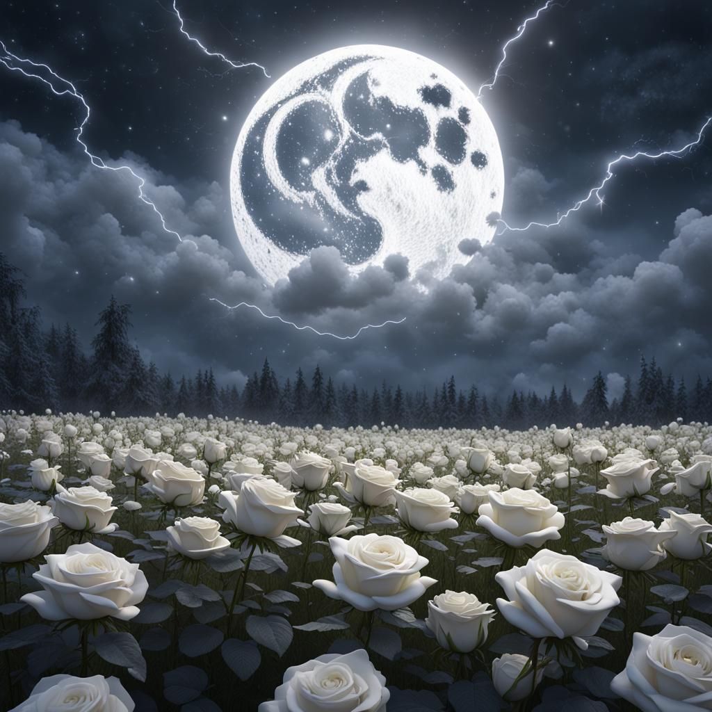 White Roses Under Lightning Sky: Fantasy Art