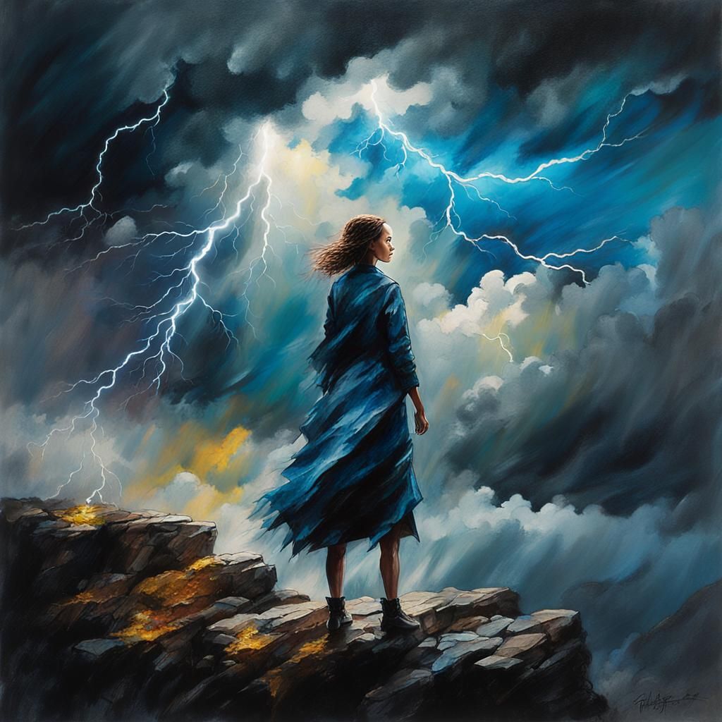 Woman on Cliff Edge in Storm, Digital Art