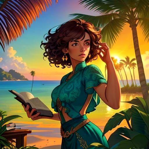 Girl Reads by Palm Tree: Fantasy Concept Art