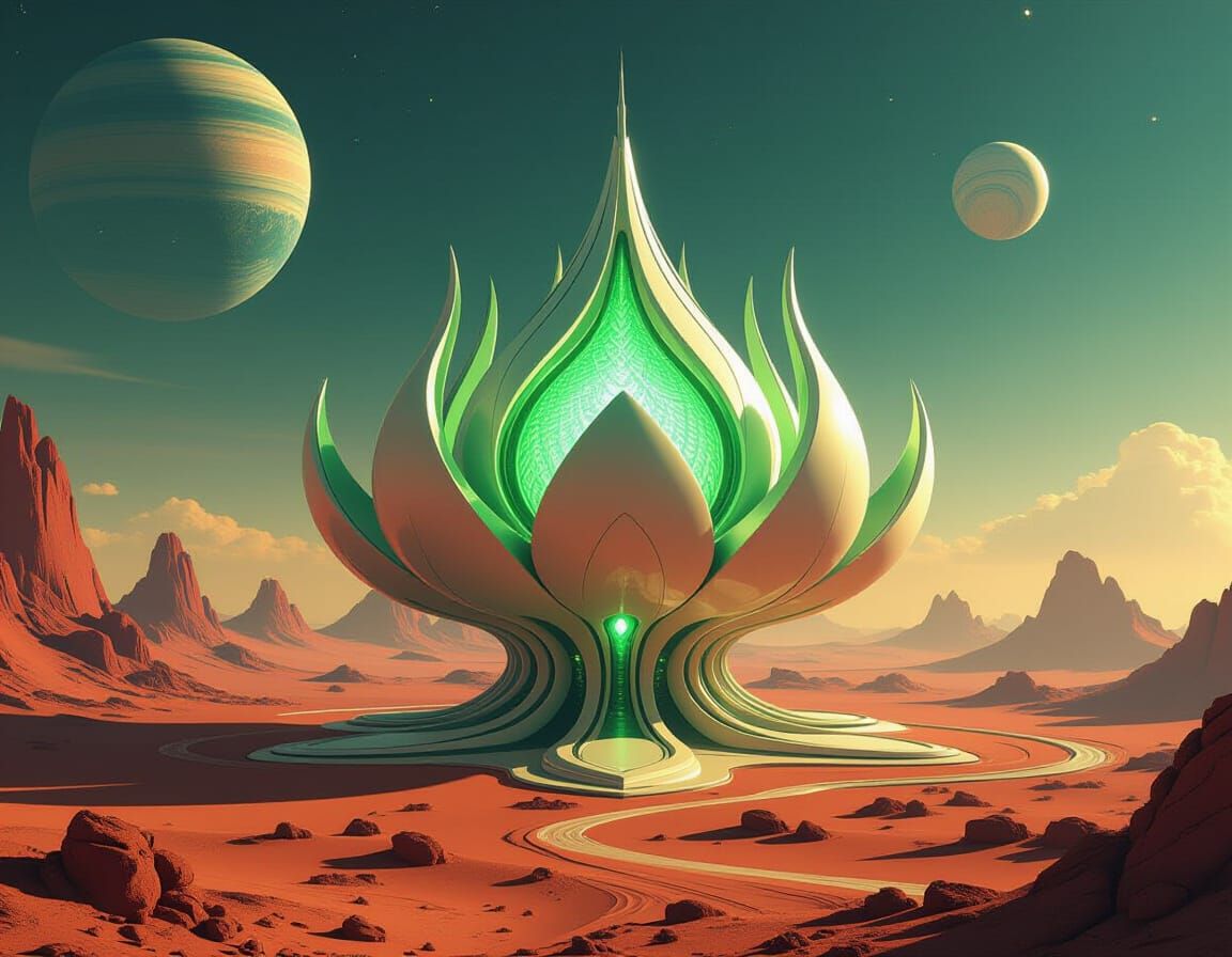 Futuristic Lotus Space Station in Alien Desert