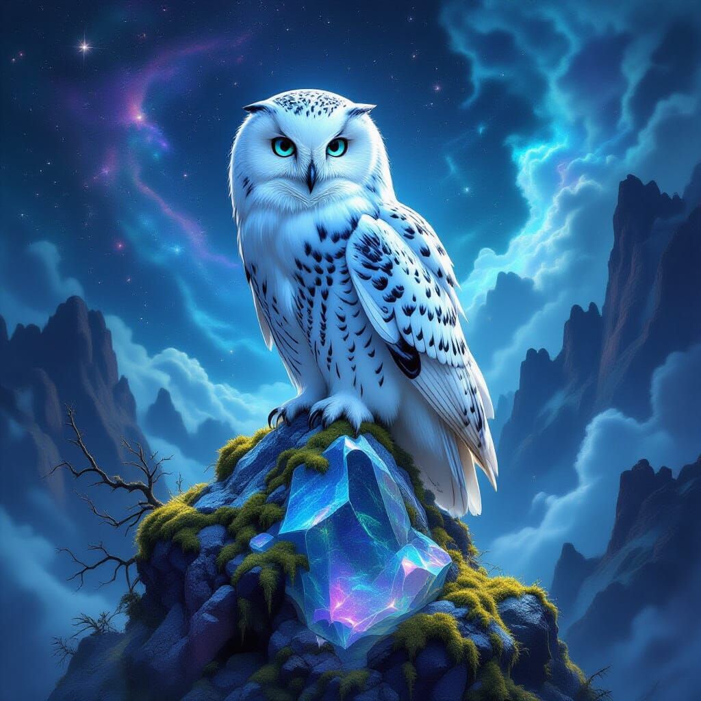 Majestic Owl on Crystal Geode in Dark Fantasy Style