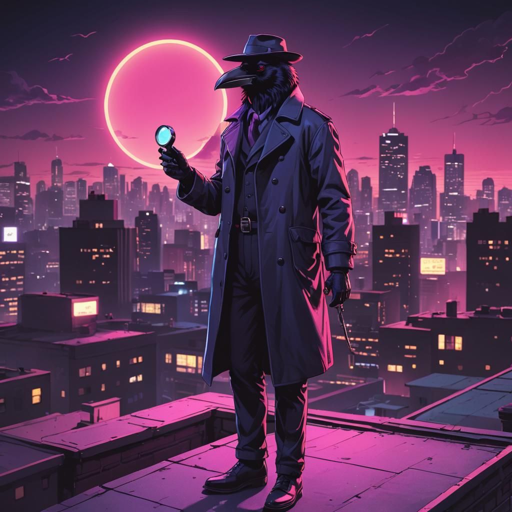 Synthwave Crow Detective on Rooftop